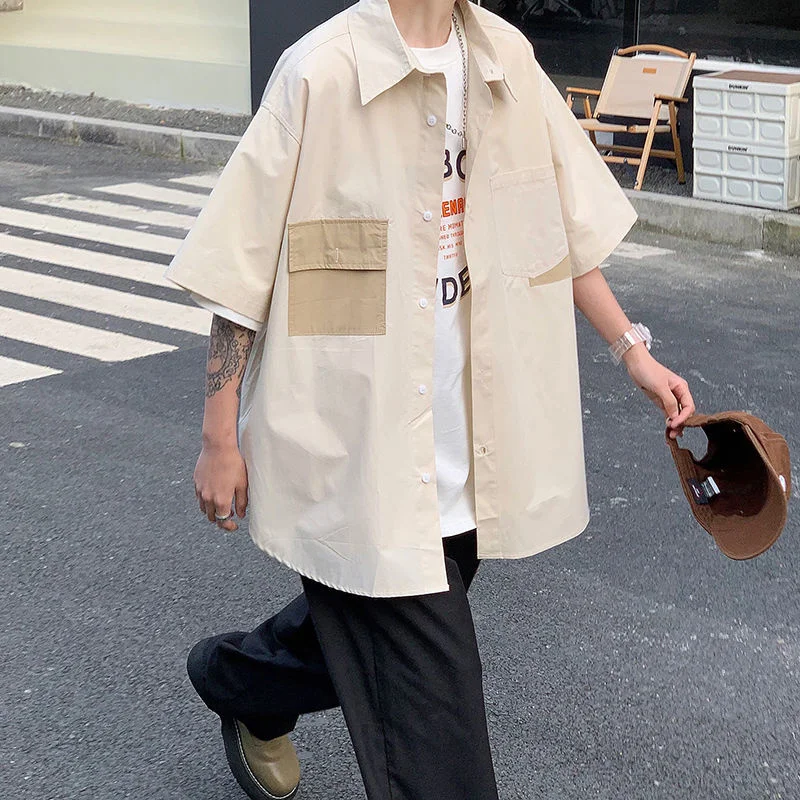 

Мужская Повседневная рубашка с карманом Privathinker, в стиле пэчворк, цвета хаки, в японском стиле, с коротким рукавом, большие размеры, мужские б...