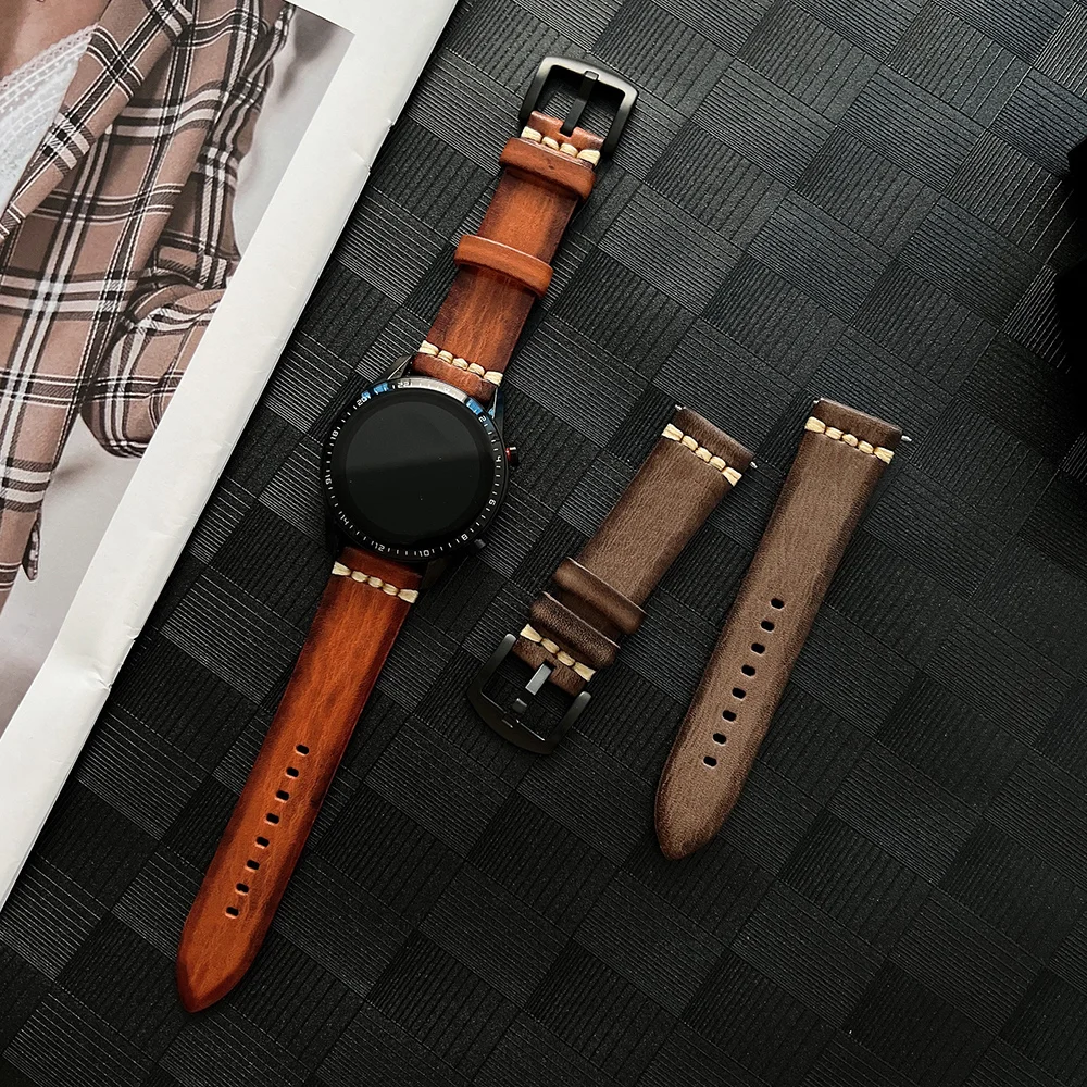 20mm 22mm For Samsung Galaxy Watch Gear S3 46mm Handmade Vintage Leather Strap for Huawei Watch GT 2 Galaxy Watch Active2 Strap