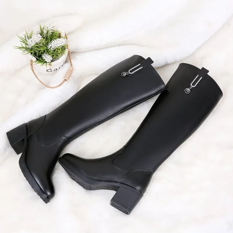 Real Soft Leather Boots, Boots, But Knee Boots, Women's Winter Plus Velvet PU Leather Thick Heel Mid Boots, Thick Leg High Boots