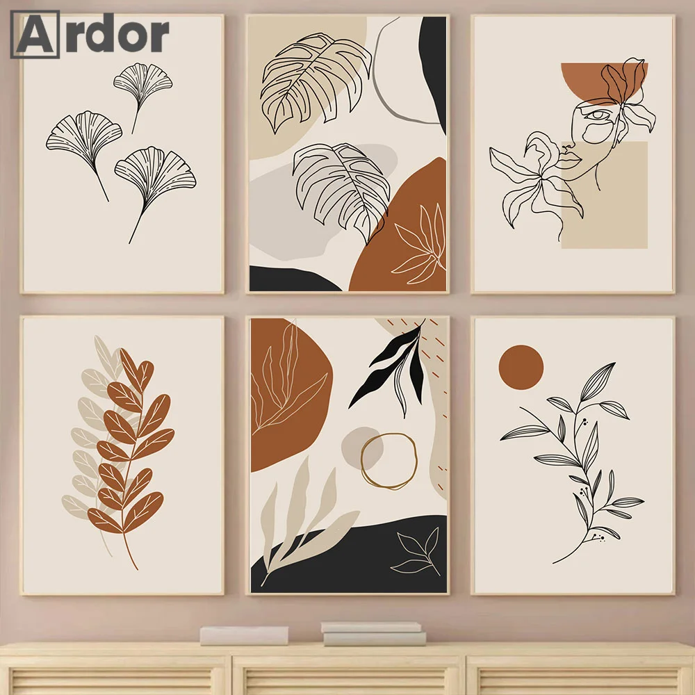 

Boho Abstract Ginkgo Leaf Woman Face Line Poster Sun Print Leaves Canvas Painting Nordic Wall Art Picture Living Room Home Decor