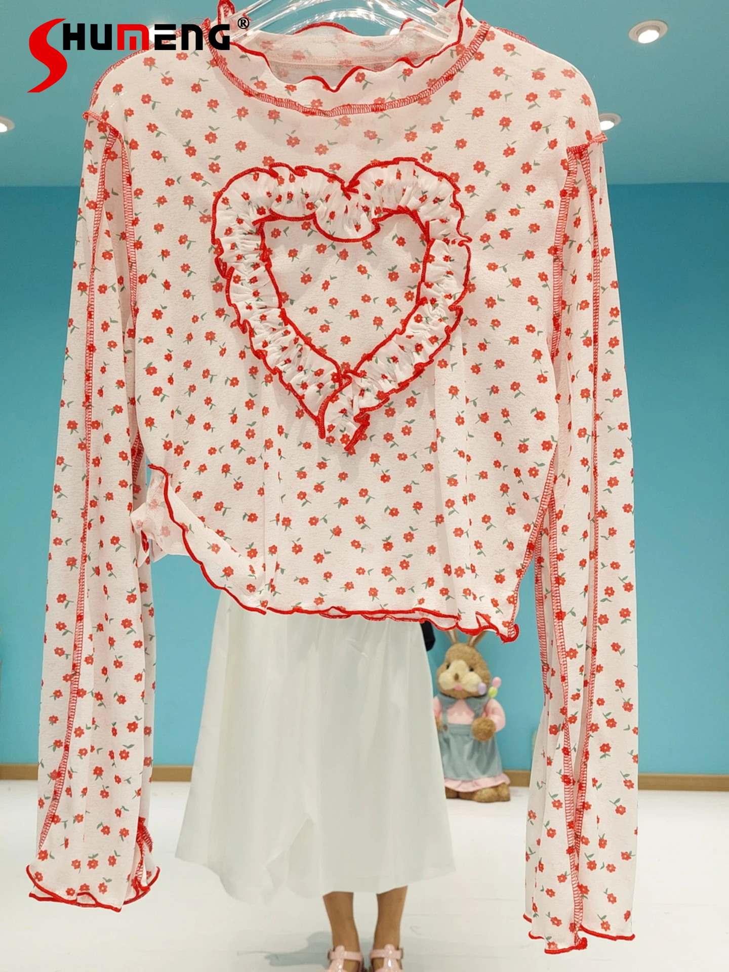 

Женский плиссированный пуловер с круглым вырезом, футболка с длинным рукавом и оборками в виде сердца и красных цветов, весна-лето 2022