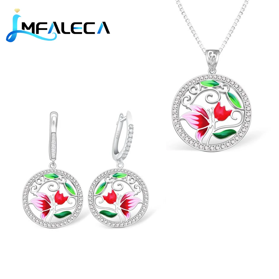 925 Sterling Silver Necklace Earrings Jewelry Sets for Women Shiny Red Enamel Flower Accessories Luxury Fine Jewelry