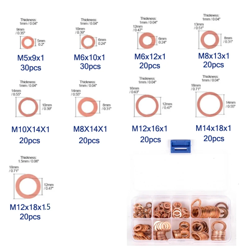 Набор уплотнительных колец для медной шайбы 200/320 шт. в ассортименте с коробкой