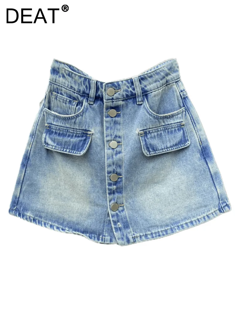 

DEAT Fashion Women's Denim Skirt High Waist Single Breasted Fake 2 Pcs A-line Light Blue Mini Skirts Summer 2023 New 17A8324