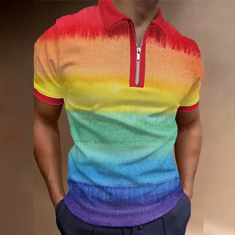 

Men's Polo Shirt Golf Shirt Rainbow Turndown Olive Rainbow 3D Print Outdoor Street Short Sleeves Zipper Print Clothing Designer