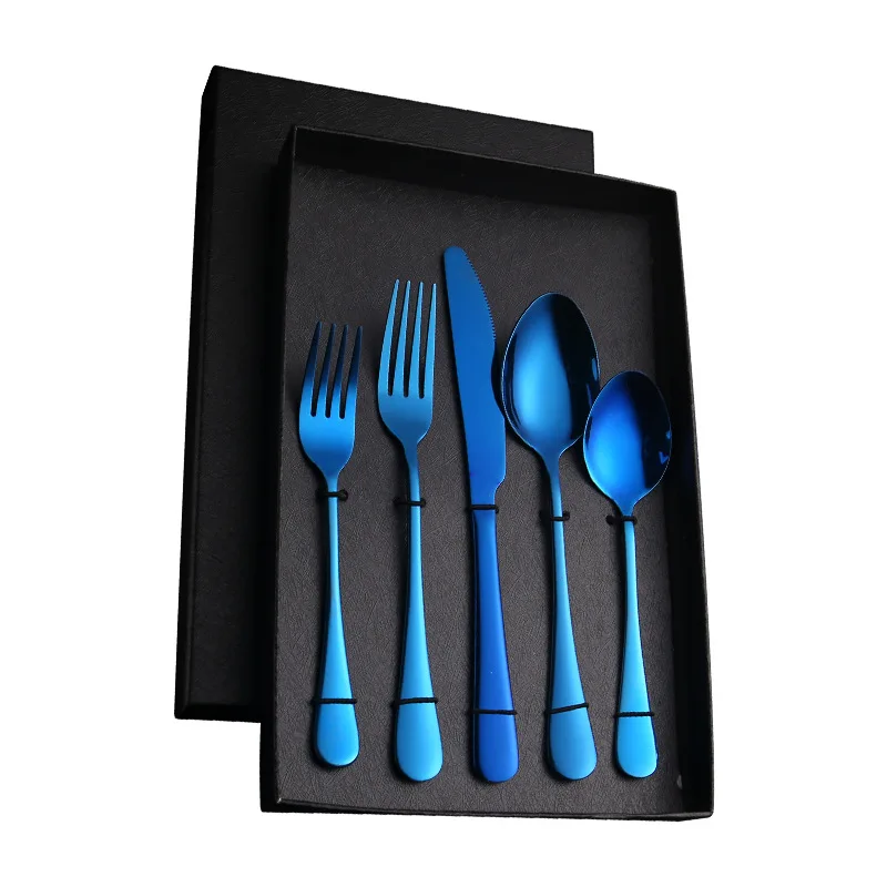

5pcs Stainless Steel Color Tableware Set Mirror Golden Western Knife Fork Spoon Stainless Steel Belt Gift Box 5 Piece Set
