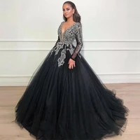 arabic black ball gown evening dresses v neck long sleeves sequined beads lace applique prom quinceanera dresses graduation gown