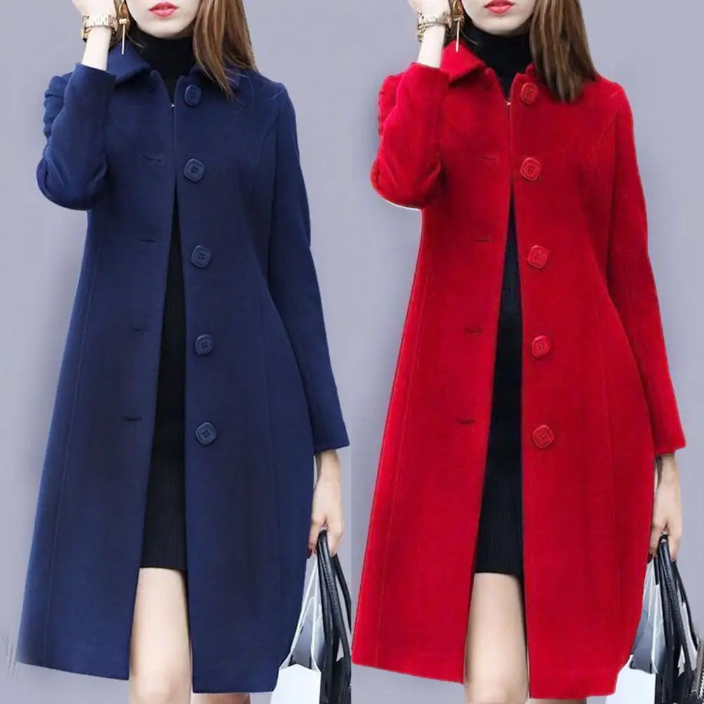 

Women Coat Mid-Length Single-Breasted Solid Color Turn-down Collar Elegant Soft Cardigan Plus Size Warm Lapel Winter Jacket for