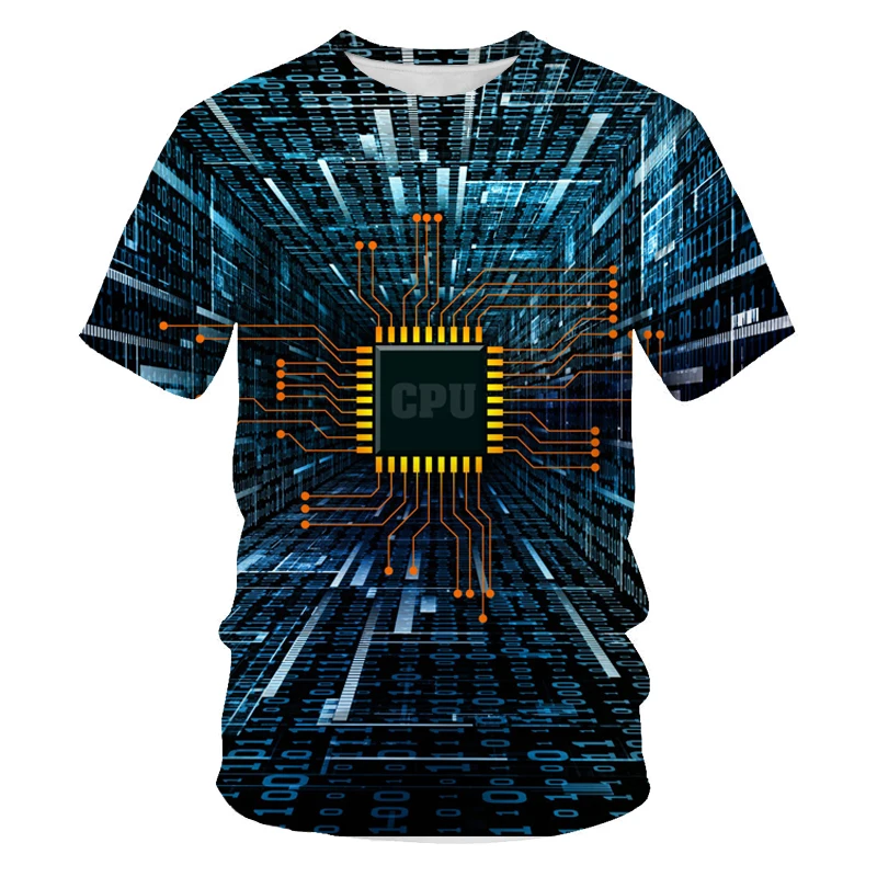 

2022 summer fashion new European and American 3D digital printed T-shirt circuit board abstract men's sports T-shirt shirt