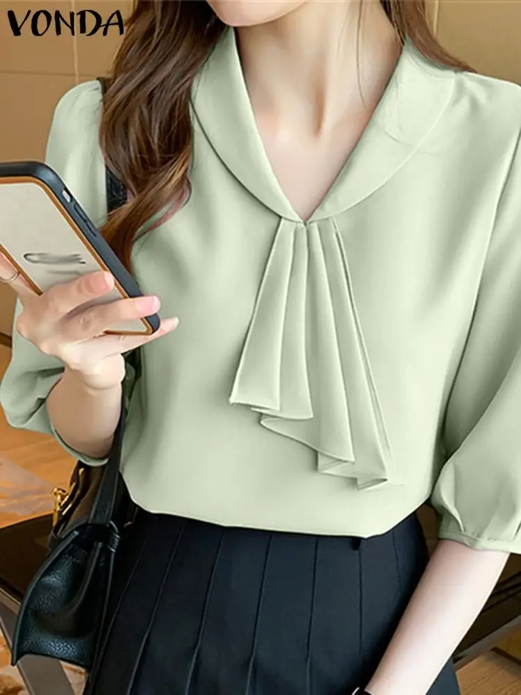 

Elegant Shirts VONDA Summer Office OL Style Womens Tops And Blouses 2023 Half Sleeve Lapel Casual Solid Color Blusas Femininas