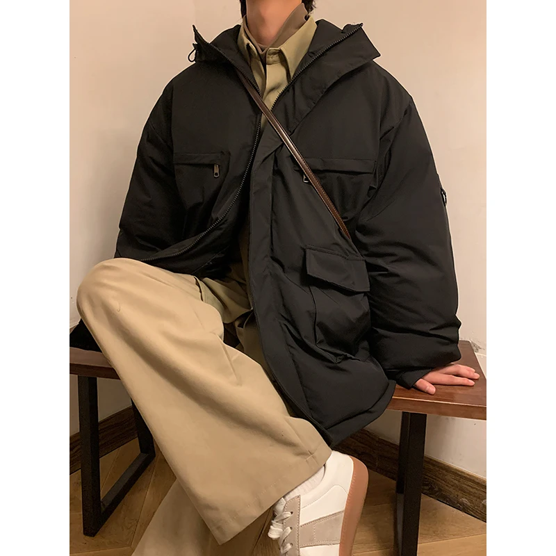 Winter Jacket Men Warm Fashion Black Red Retro Pocket Hooded Jacket Men Streetwear Korean Loose Thick Short Coat Mens Parker