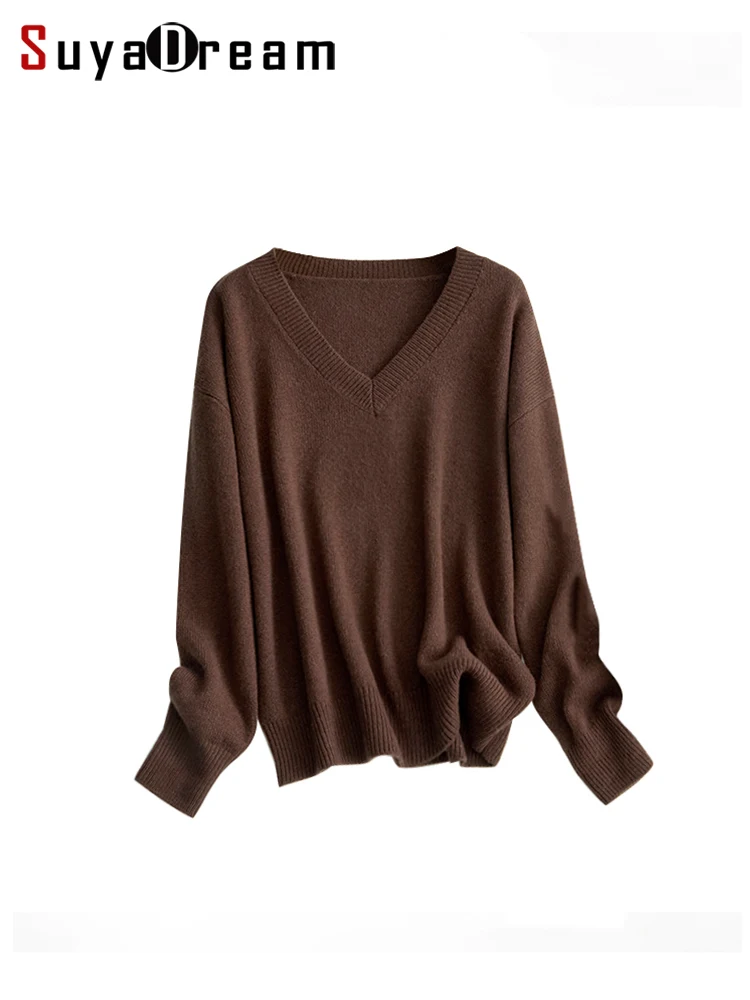 

SuyaDream женские 100% шерсть Свободные пуловеры с v-образным вырезом теплые свитера 2022 осень зима оверсайз Топ синий коричневый