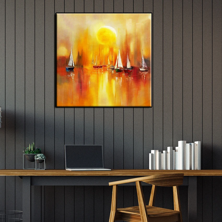 

Handmade Canvas Abstract Oil Painting Wall Art Decor No Frame Beautiful Scenery Sunset Gold Color Bright And Sailboat On The Sea