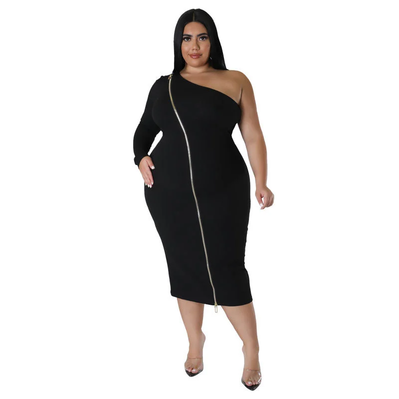 Plus Size Women Dress Sexy Zipper Side Split One Shoulder Long Sleeves Fashion Bodycon Dress Mid Calf 3xl 4xl 5xl 6xl