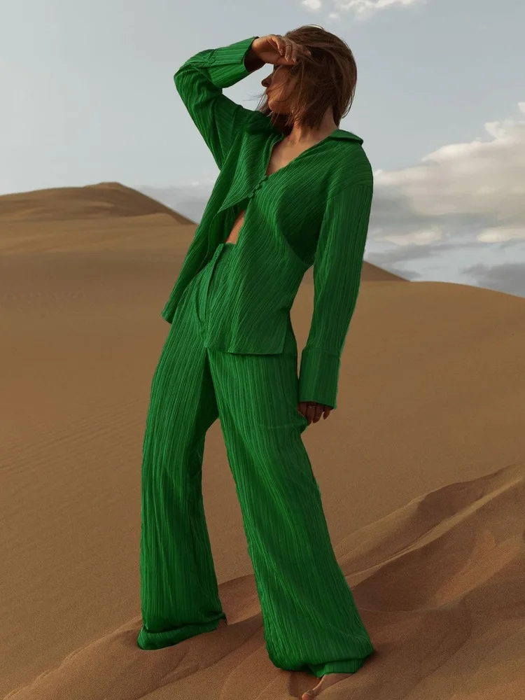 

Casual Pleated Suits Women's Tracksuit Two Piece Sets 2022 Autumn Sexy Long Sleeve Shirt with Draped Wide Leg Pants 2 Piece Sets
