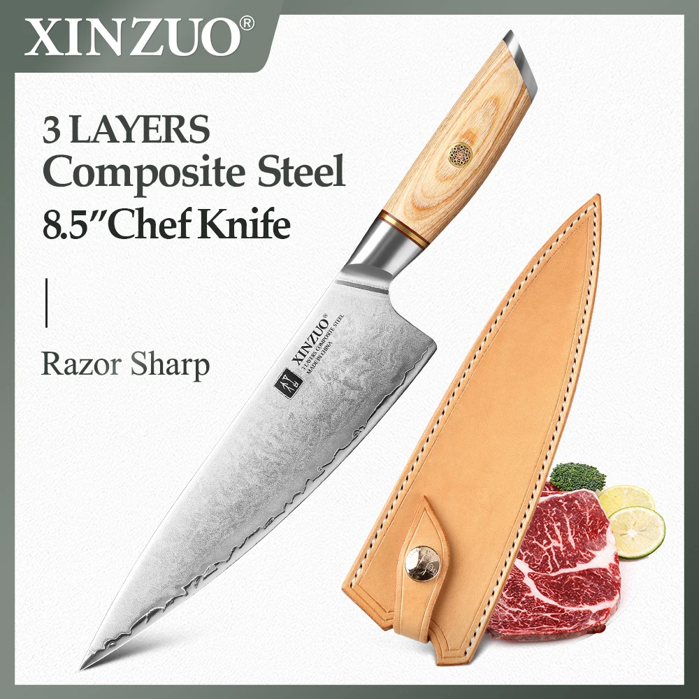 

XINZUO 8.5" inch Chef's Knife 10Cr15MoV Steel Core Composite Steel With Japanese-style Pakkawood Copper Flower Rivets Handle