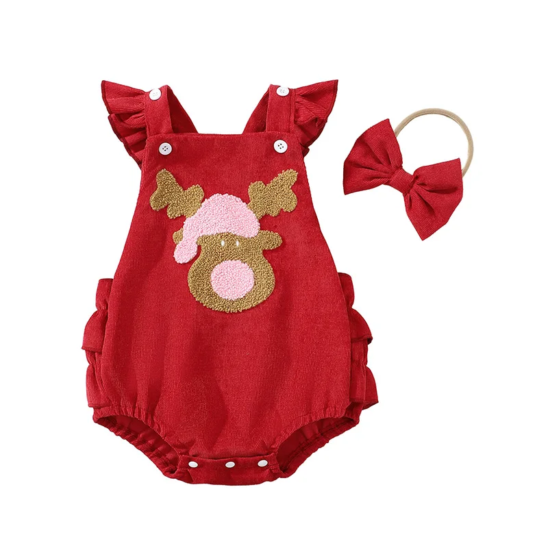 Baby Girls Christmas Jumpsuit Flying Sleeve Elk Cattle Embroidery Romper with Headband