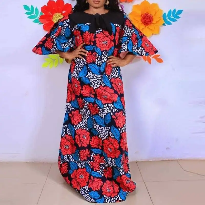 

VONDA Women Long Maxi Dress 2022 Casual Round Neck Printed Dresses A-Lined Pleat Robes Ladies Spring Half Flare Sleeve Vestidos