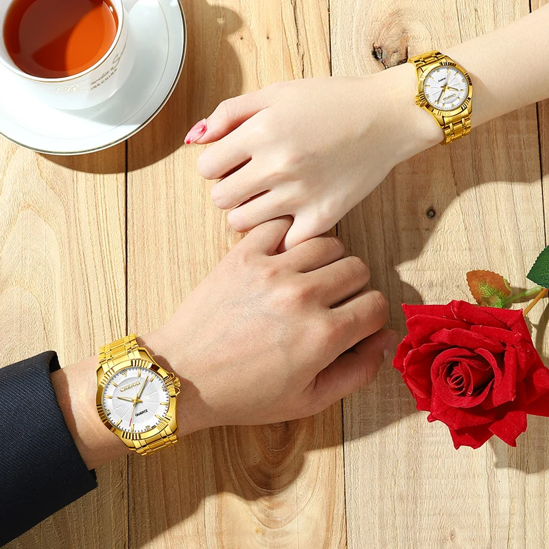 Gold Couple Watch Gift CHENXI Top Brand Luxury Golden Mens Watches Stainless Steel Business Casual Women Watch Free Shipping