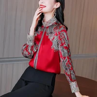 vintage printed paisley lace spliced stand collar satin blouse oversized loose elegant womens clothing shirt commute pullovers