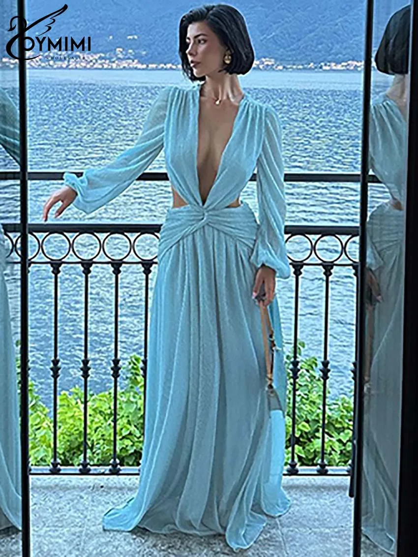 Oymimi Элегантные синие женские платья с глубоким v-образным вырезом модное платье