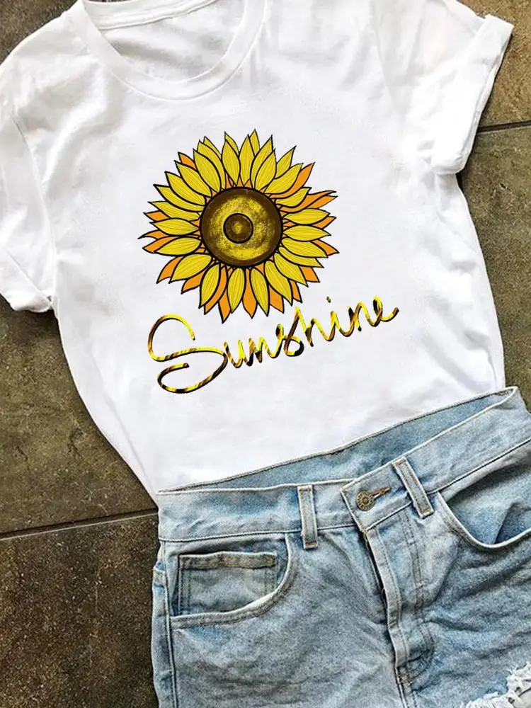 

Women Fashion Sunflower Floral Cute 90s Graphic T-shirt Clothing Print T Shirt Short Sleeve Clothes Summer Kawaii Basic Tee Top
