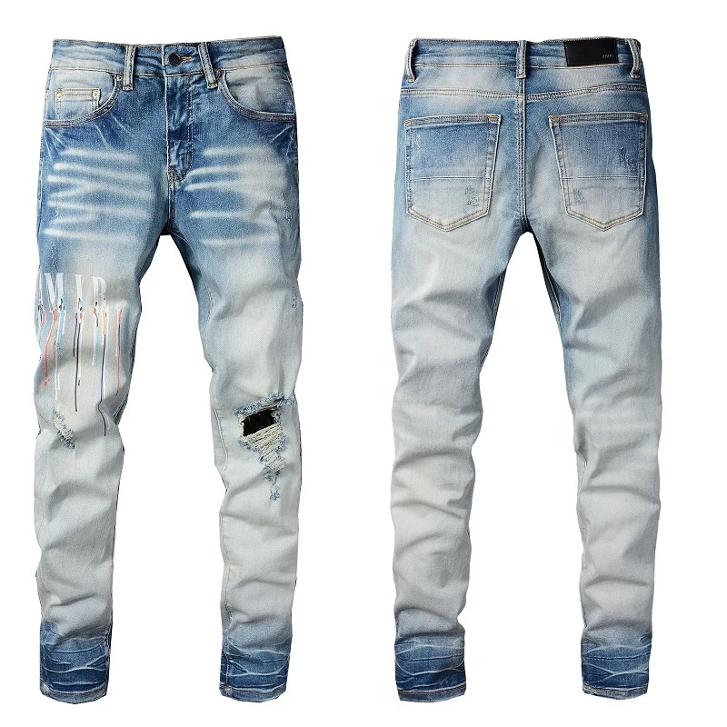 

AMR Graphic Jeans Men Trousers Men Fashion High Street Men Black Multicolor Letter Print Motorcycle Pants Hip Hop Jean Men