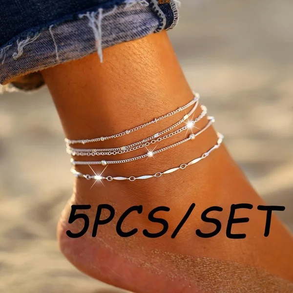 

Hot Selling 5Pcs/set Silver Plated Ankle Bracelet Multilayer Beaded Anklet Set Summer Beach Ankle Chain Women Foot Jewelry