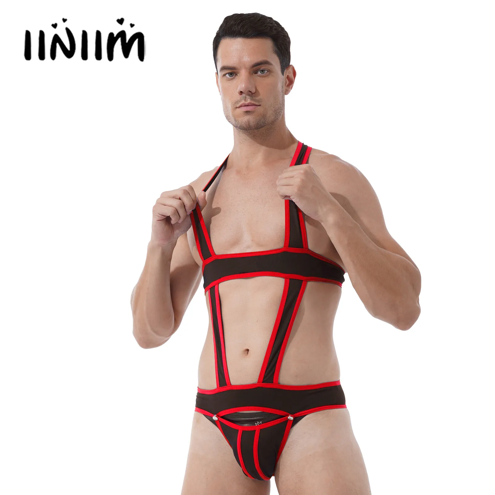 Мужское нижнее белье слитное для борьбы трико контрастных цветов с вырезами