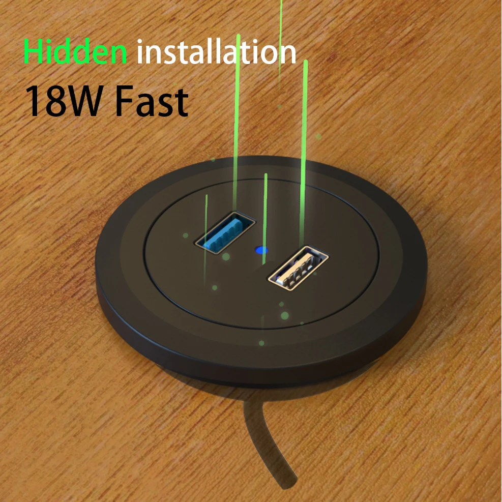 Двойной USB-Люверс Отверстие В Столе Скрытое крепление QC3.0 КОНЦЕНТРАТОР Для Портативных ПК Компьютер Передачи Данных Адаптер Для Зарядки Мобильного Телефона Розетка