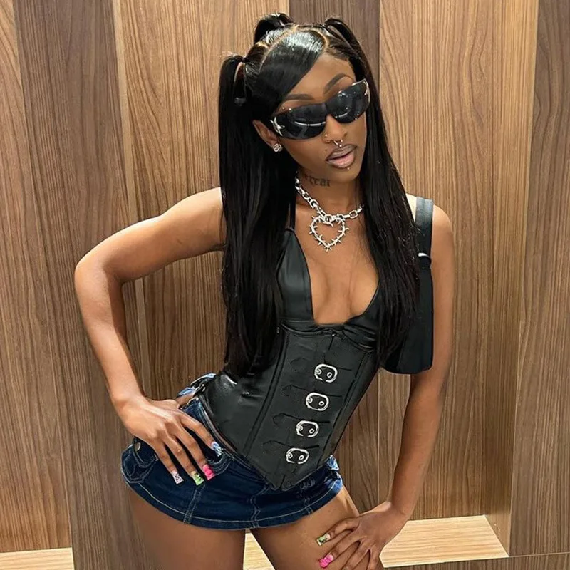 

Кроп-Топ женский готический с открытой спиной, панк-жилет, металлическая пряжка для ремня, Y2k, топ на бретелях-спагетти, магнитный корсет из и...