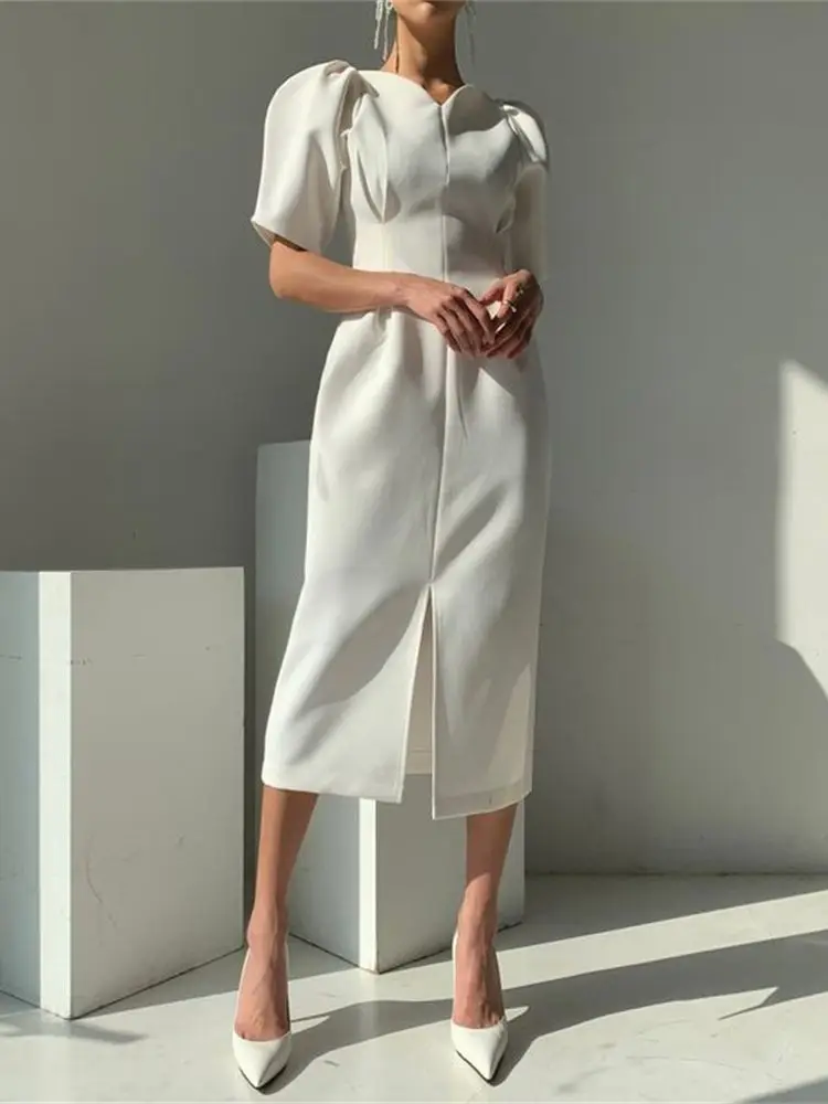 

White Dress Elegant Women Short Puff Sleeve Summer Dress 2022 Korea Slim Office Lady High Waist Vestdios Party Dress for Women