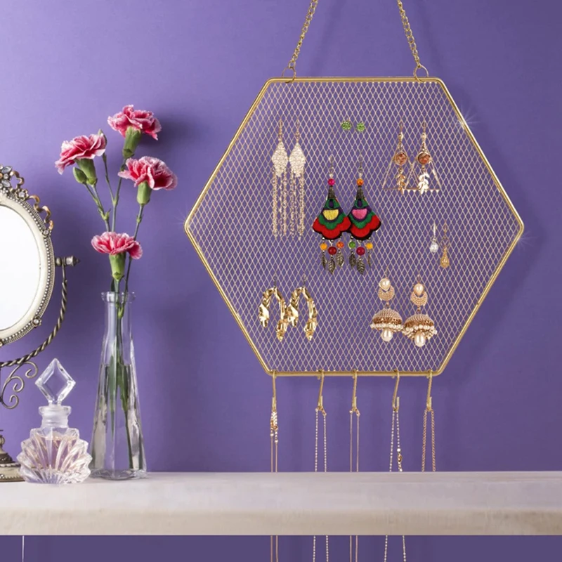 Hanging Earring Holder Wall Mounted, 2 Packs Earring Organizer Decorative Hexagon Hanging Jewelry Organizer Grid Shape