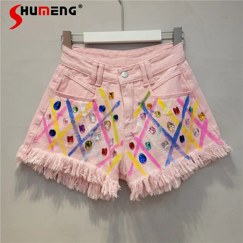 

Heavy Industry Beads Diamond Irregular Raw Hem Wide-Leg A- Line Denim Ultra-Short Hot Pants Women's High Waist Slimming Shorts