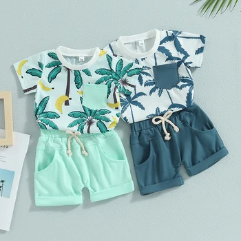 2023-04-21 Lioraitiin 0-3Years Toddler Baby Boy 2Pcs Summer Clothes Beach Tree Print Short Sleeve Crew Neck T-Shirts Shorts 1