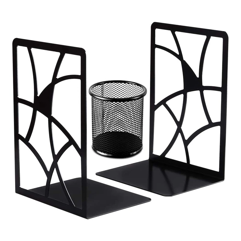 

Book Ends For Heavy Books, Bookends For Shelves, Desk, Office Metal Bookends Decrotive With Pen Holder