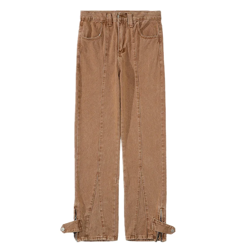 Brown Baggy Jeans Men Fashion Casual Loose Straight Jeans Men Japanese Streetwear Hip Hop Zipper Denim Pants Mens Trousers S-3XL