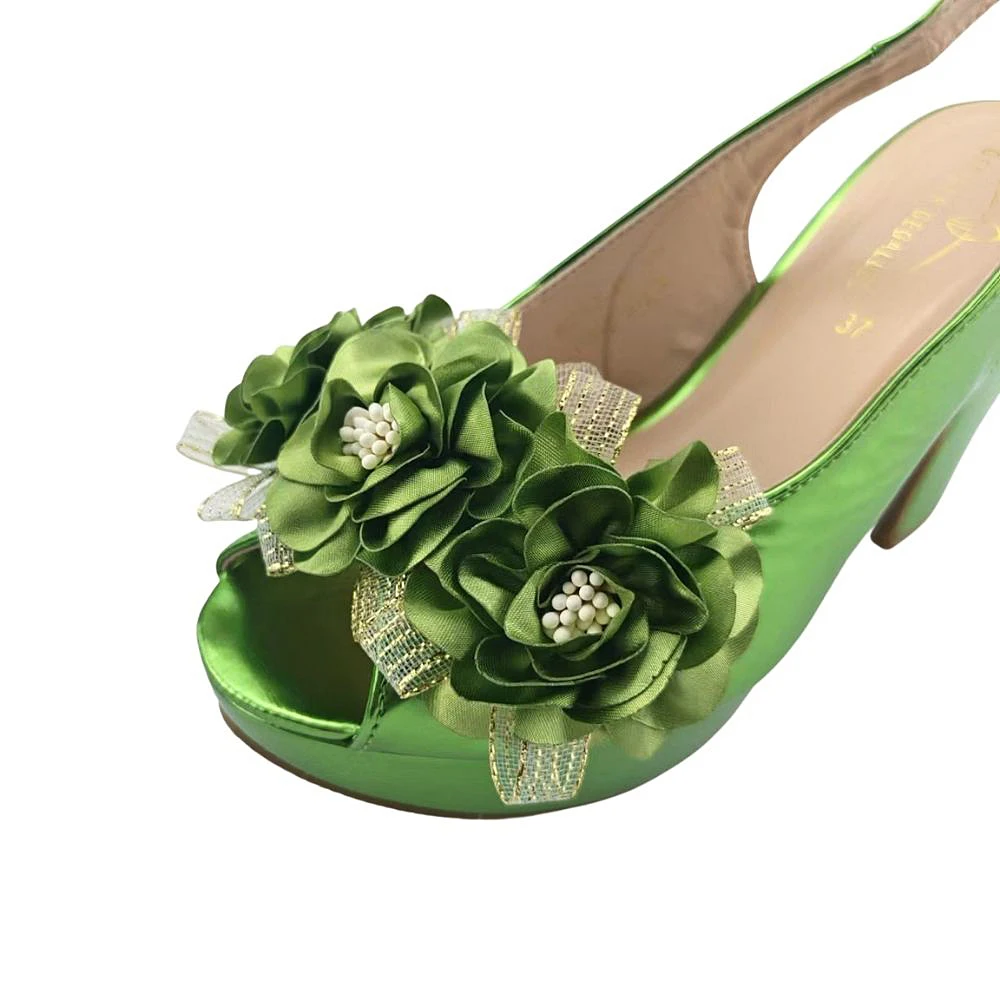 Floral Sandals for Women Runway Designer Pumps Heels 2022 New Arrivals Green Leather Shoes Women Block Heels Chunky Shoes Heel