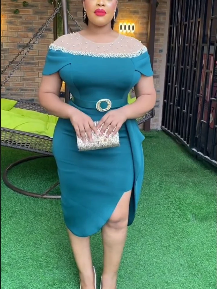 

Elegant Beading Evening Dress for Women Tulle Patchwork O Neck Short Sleeves Ruffles Belt Waist Formal Party Event 2023 Summer