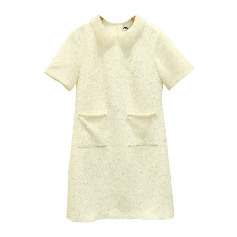 

Tweed Short-sleeved A-line Dress for RUANDAI 2022 Summer New French Lapels Bilateral Pockets Embossed Decorative Dresses Women