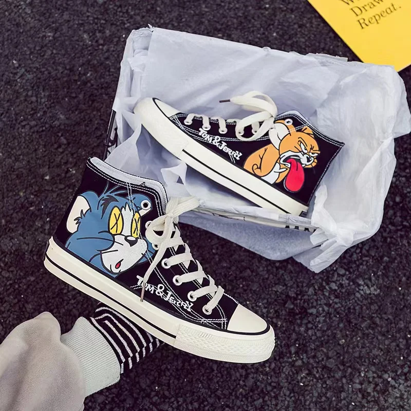 Canvas Shoes Female Male Students Korean Version of Fashion Graffiti Cat and Mouse High-top Comfortable Sneakers