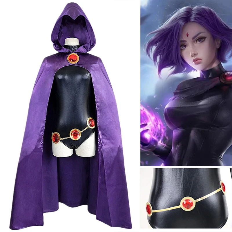 Teen Titans Cosplay Raven Cosplay Costume Superhero Cloak Jumpsuits Zentai Waist Jewelry Chain Halloween Party Anime Costume
