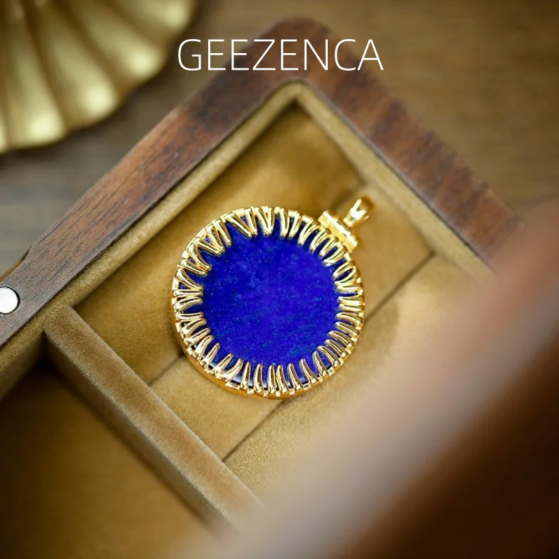 

GEEZENCA Natural Lapis Lazuli S925 Silver Gold Plated Necklace Pendant Women Gear Wheel Round Pendants Without Chain 2023 New