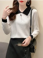 pull femme striped long sleeve tops women clothing 2022 pullover sweater mujer spring autumn turn down collar ladies knit top
