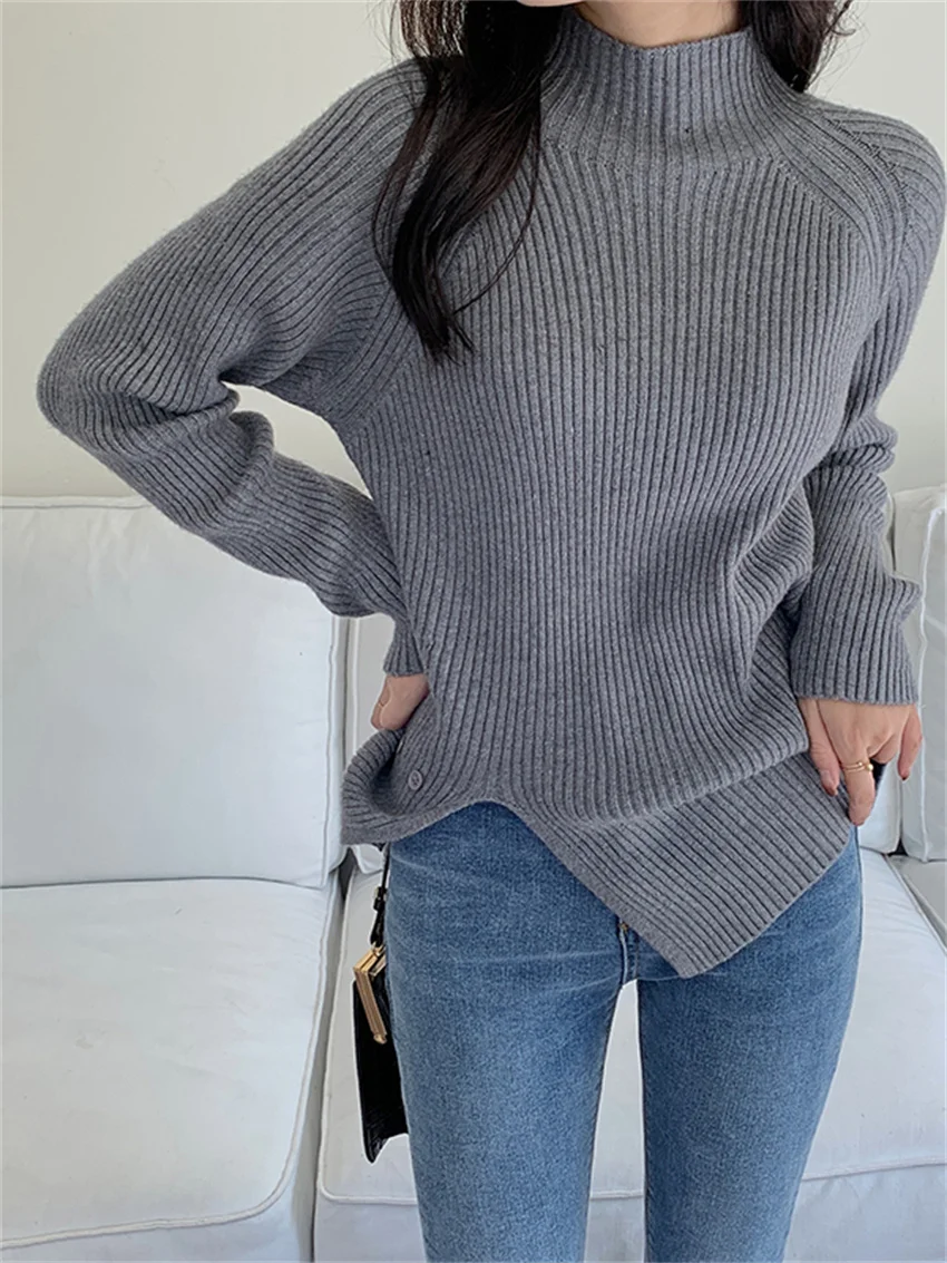 

HziriP Split Women Turtleneck Sweaters Slim-Fit Loose Chic Office Lady High Street Winter Casual Knitted Pullovers New All Match