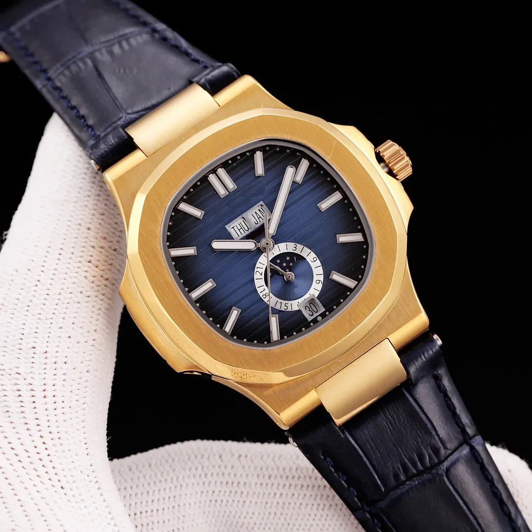 Новые мужские автоматические механические часы Nautilus Boutique нержавеющая сталь черный синий кожа розовое золото MoonPhase