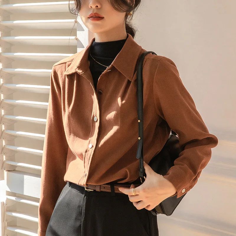 

Long-Sleeved Bottoming Business Cotton BusiShirt Women Top 2023 New Retro Thickened Sanded Fabric Shirt Women's