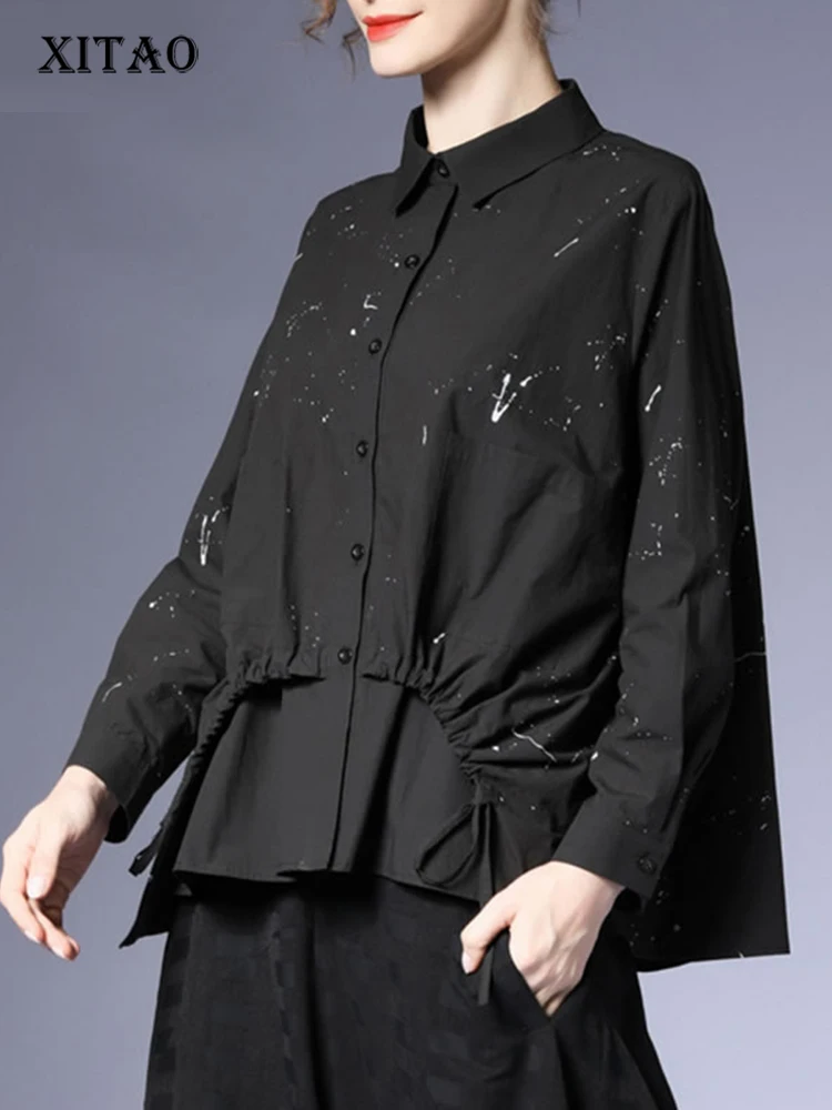 

XITAO Black Casual Shirt Loose Fashion Irregular Draw String Splicing Hem Simplicity Temperament Print Women New Top WMD4535