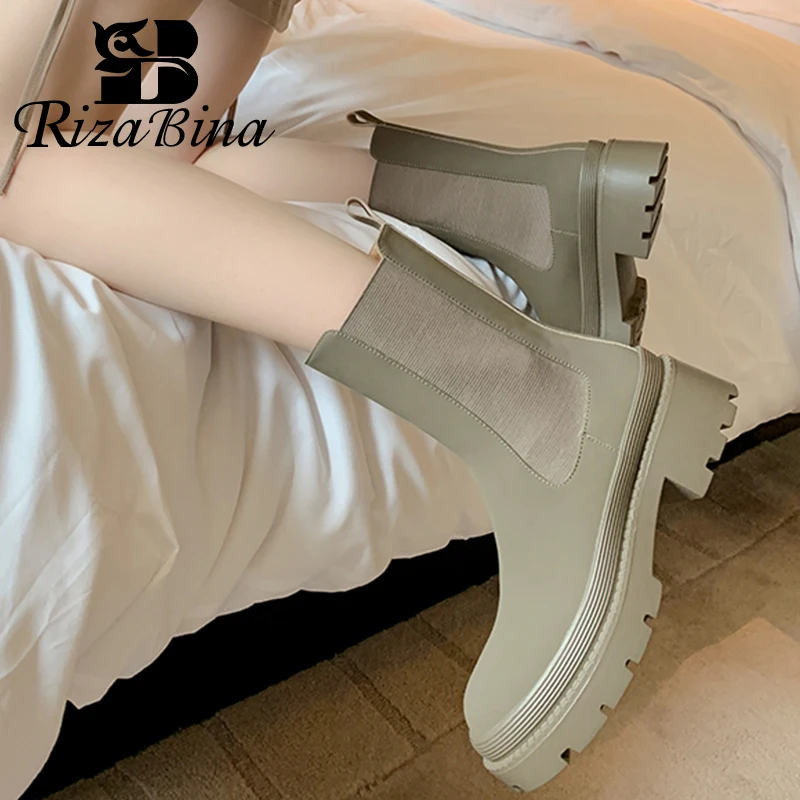 

RIZABINA New Women Short Boots Real Leather Chunky Woman'S Shoes Winter Fashion Cool Daily Ladies Mid Calf Footwear Size 34-40