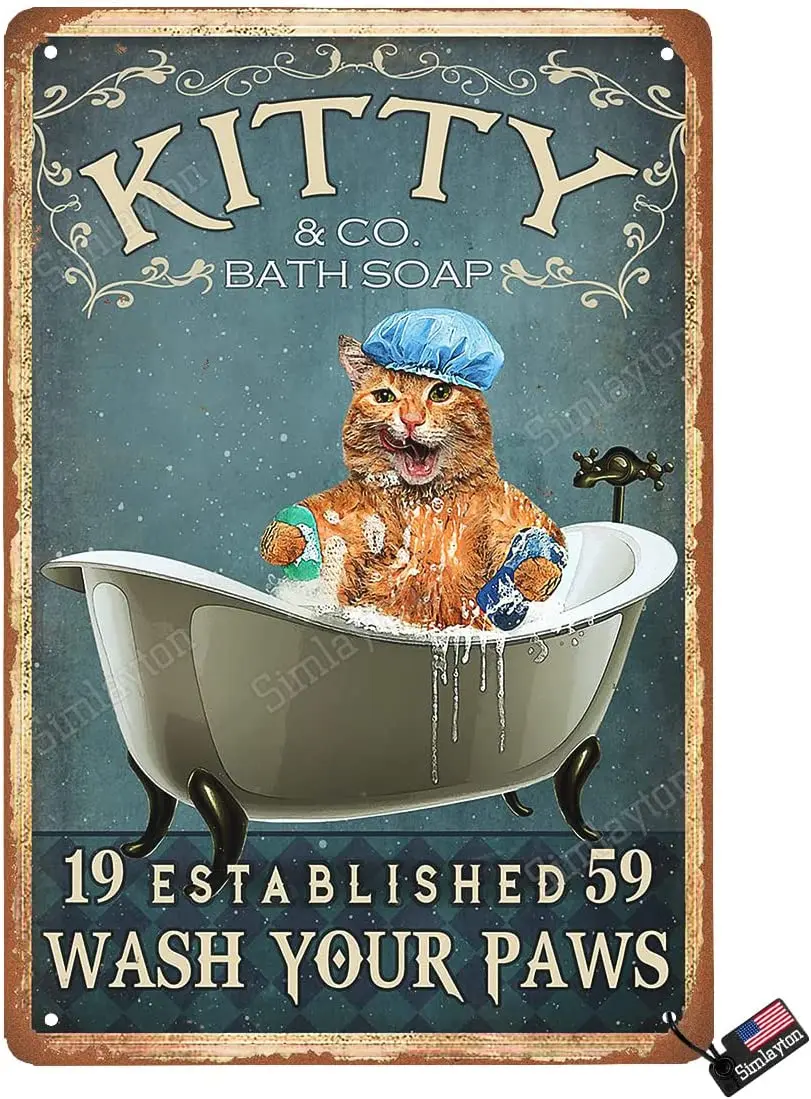 

Wall Decor - Tin Sign, Funny Cat Pattern - Bathroom Use, Vintage Style - Toilet Use, Wash Your Paws, Hang or Stand On Desk